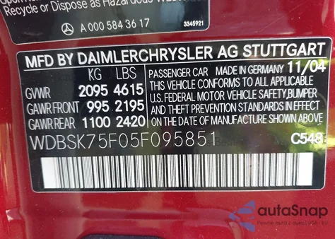 2005 Mercedes-Benz Sl 500 z USA, uszkodzony, nr VIN WDBSK75F05F095851